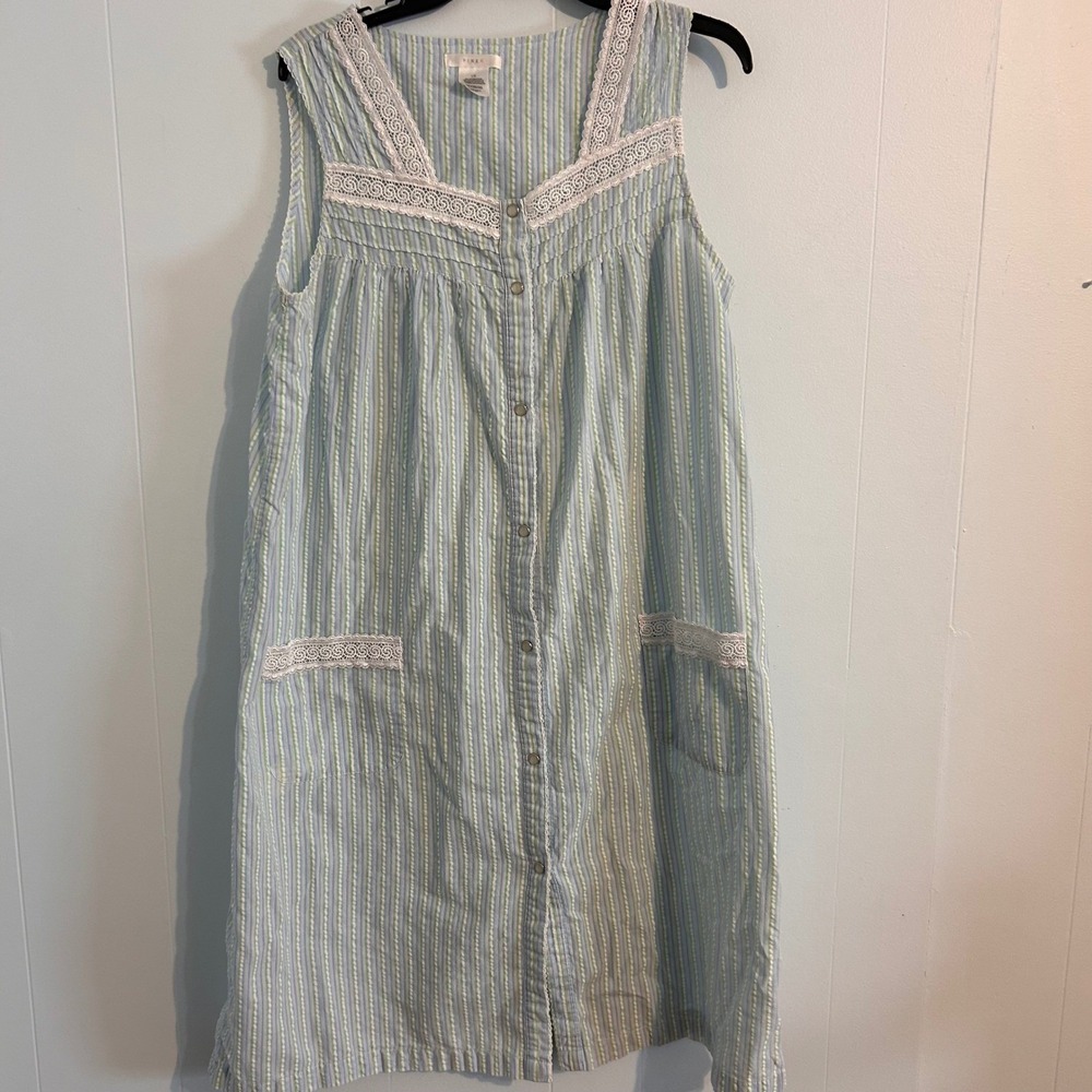 Pink K Blue Green Striped Seersucker Snap Front House Dress Lace Trim Large